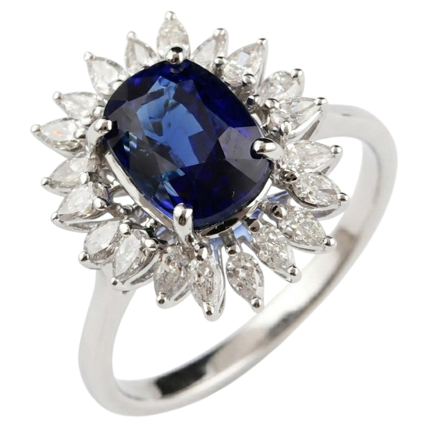 Ring mit einem blauen Saphir von 3 Karat und einem Diamanten von 0,60 Karat (SI/H) aus 18-karätigem Weißgold