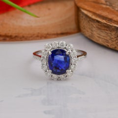 3 Carat Blue Sapphire 0.90 Carat SI/H Diamond Ring 18 Karat White Gold Jewelry