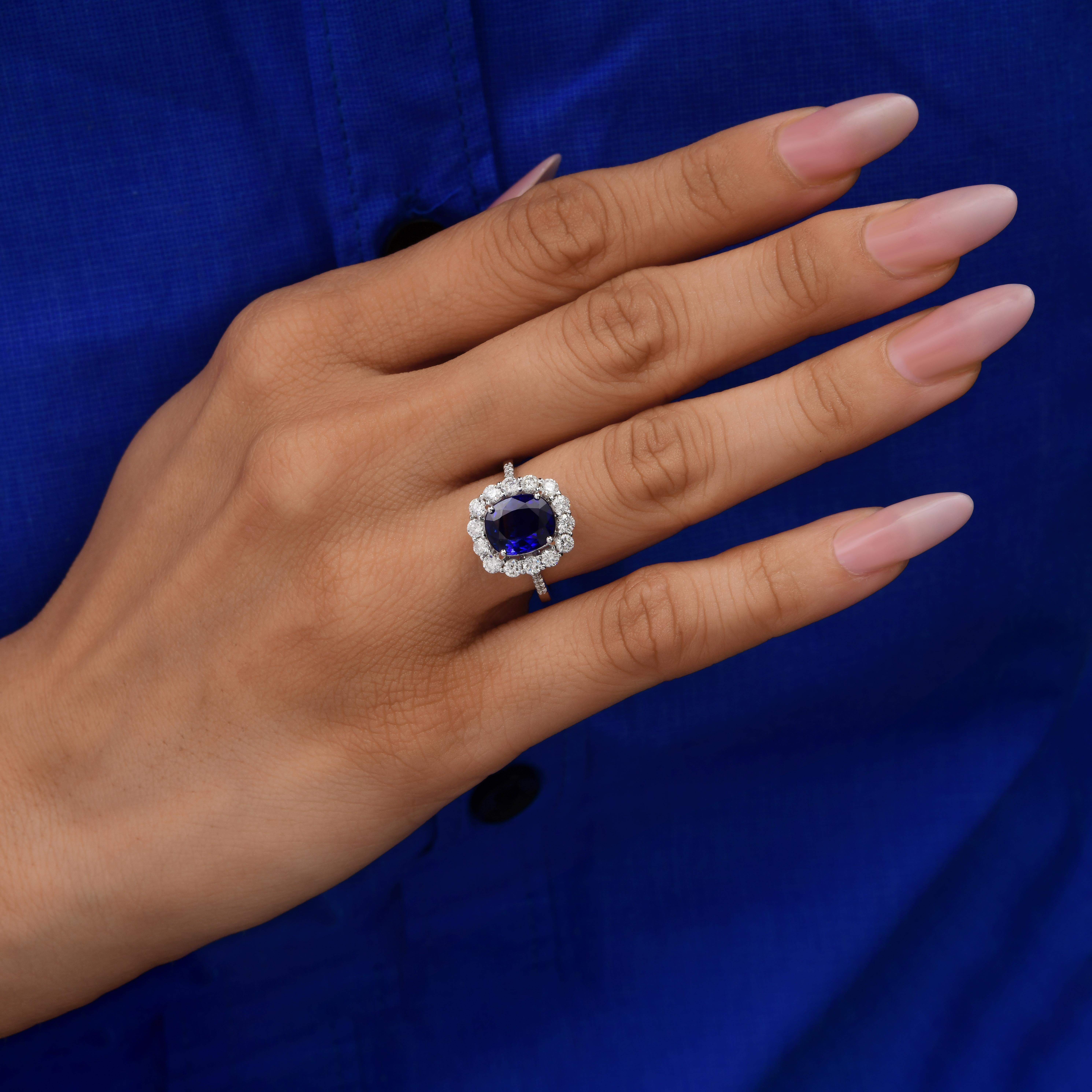 Im Angebot: 3 Karat Blauer Saphir 0,90 Karat SI/H Diamant Ring 18 Karat Weißgold Schmuck () 5