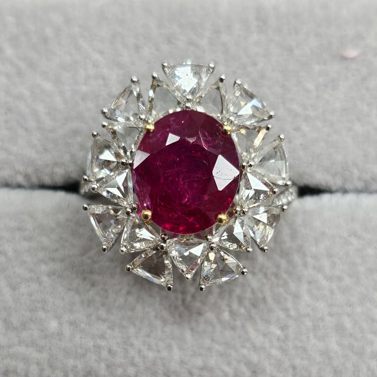 Oval Cut 3.29 Carat Burma No Heat Vivid Red Pigeon's Blood GRS Certified Ruby Ring For Sale