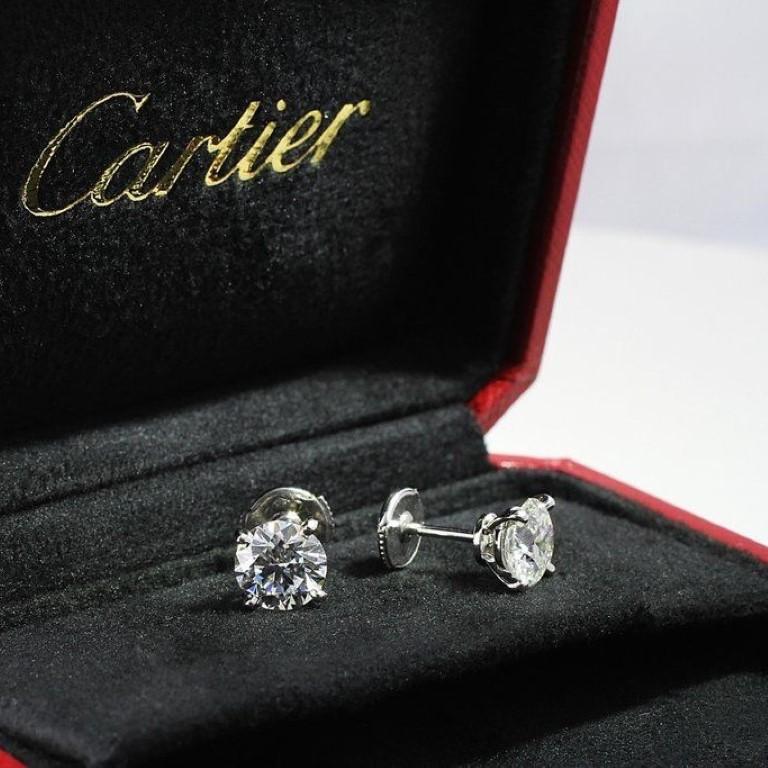 3 Carat Cartier Diamond Stud Earrings In Excellent Condition For Sale In La Jolla, CA