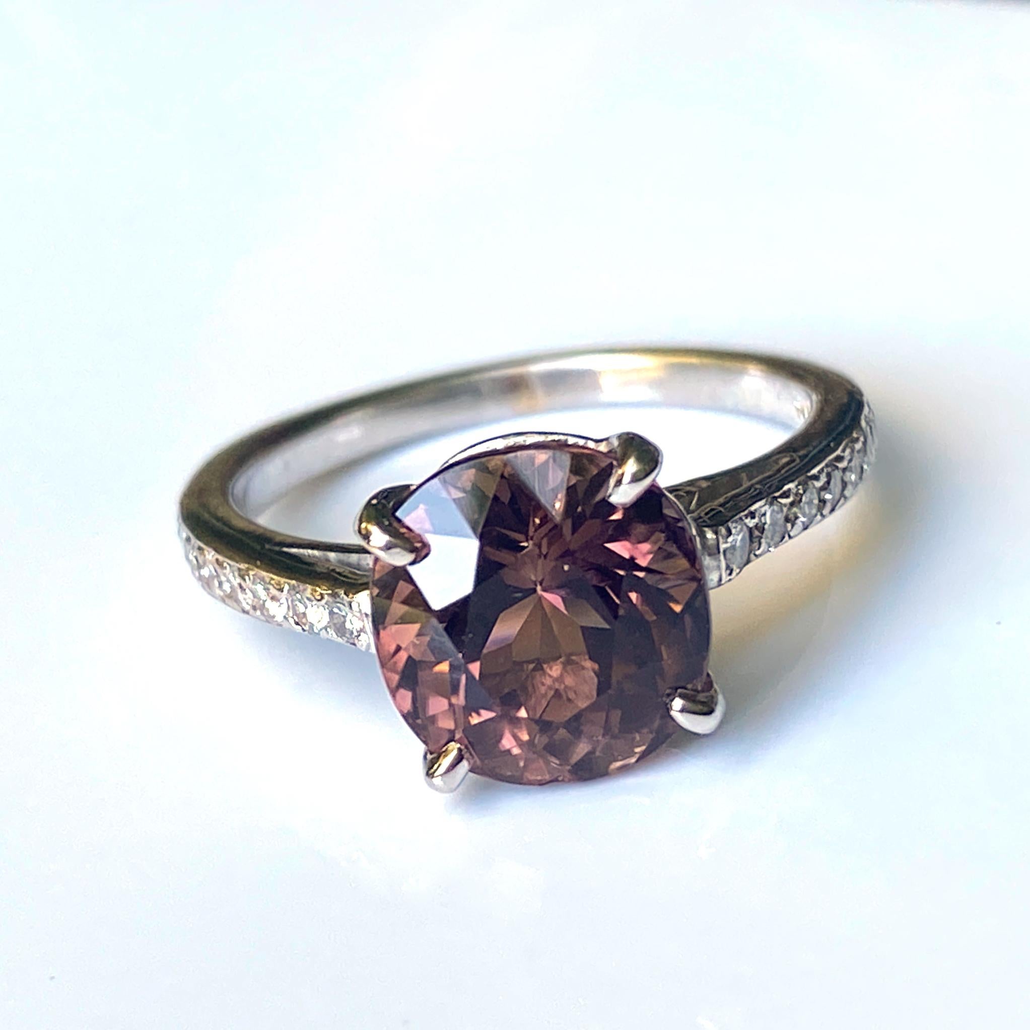 Mixed Cut 3.2 Carat Chocolate Pink Tourmaline Set in Diamond & White Gold Ring