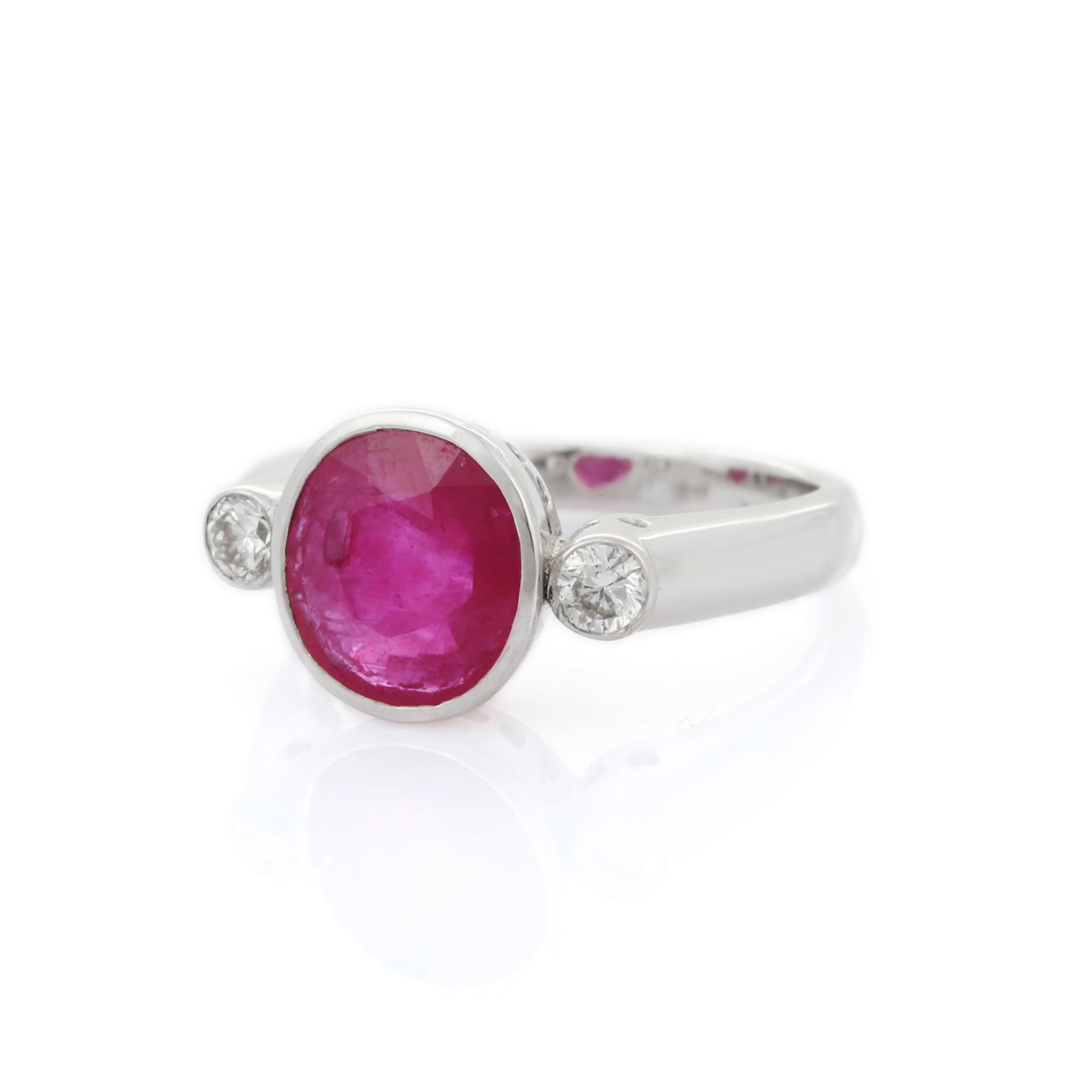 For Sale:  3 Carat Classical Round Cut Ruby and Diamond Three Stone Ring in 18K White Gold  3