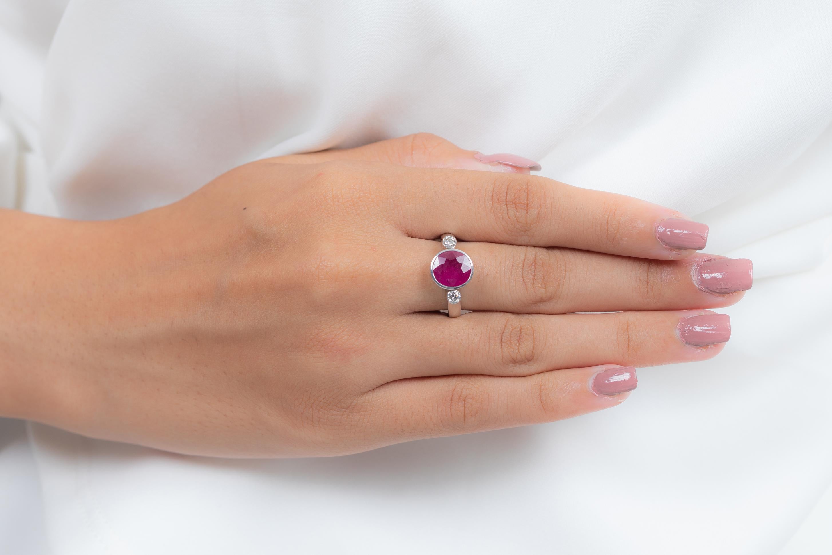 For Sale:  3 Carat Classical Round Cut Ruby and Diamond Three Stone Ring in 18K White Gold  4