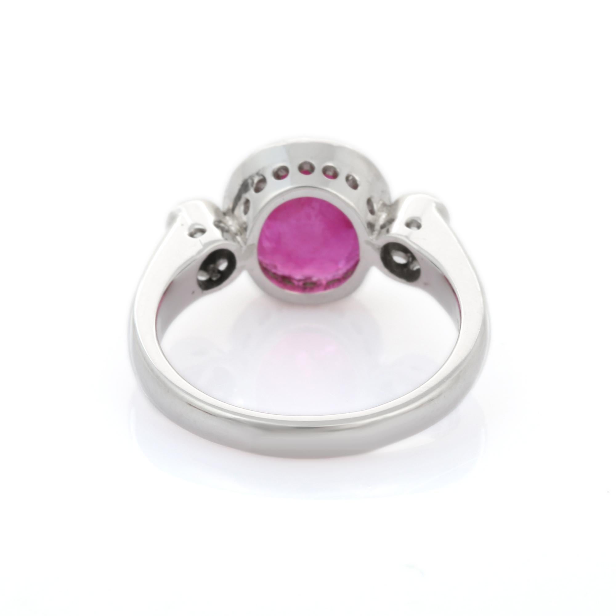 For Sale:  3 Carat Classical Round Cut Ruby and Diamond Three Stone Ring in 18K White Gold  5
