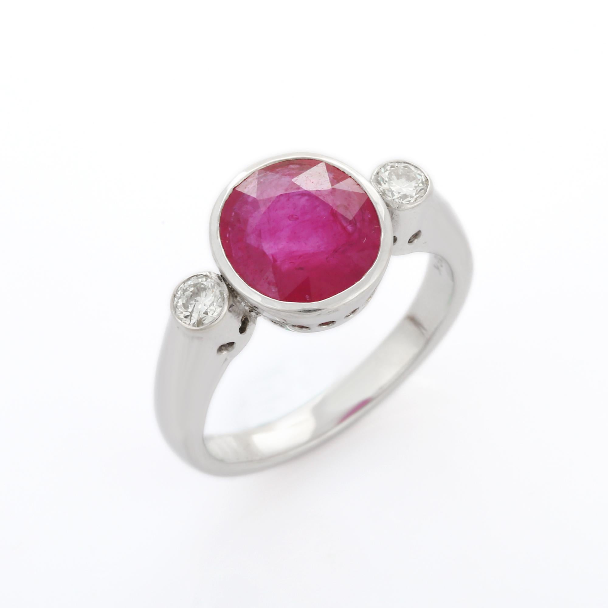 For Sale:  3 Carat Classical Round Cut Ruby and Diamond Three Stone Ring in 18K White Gold  6