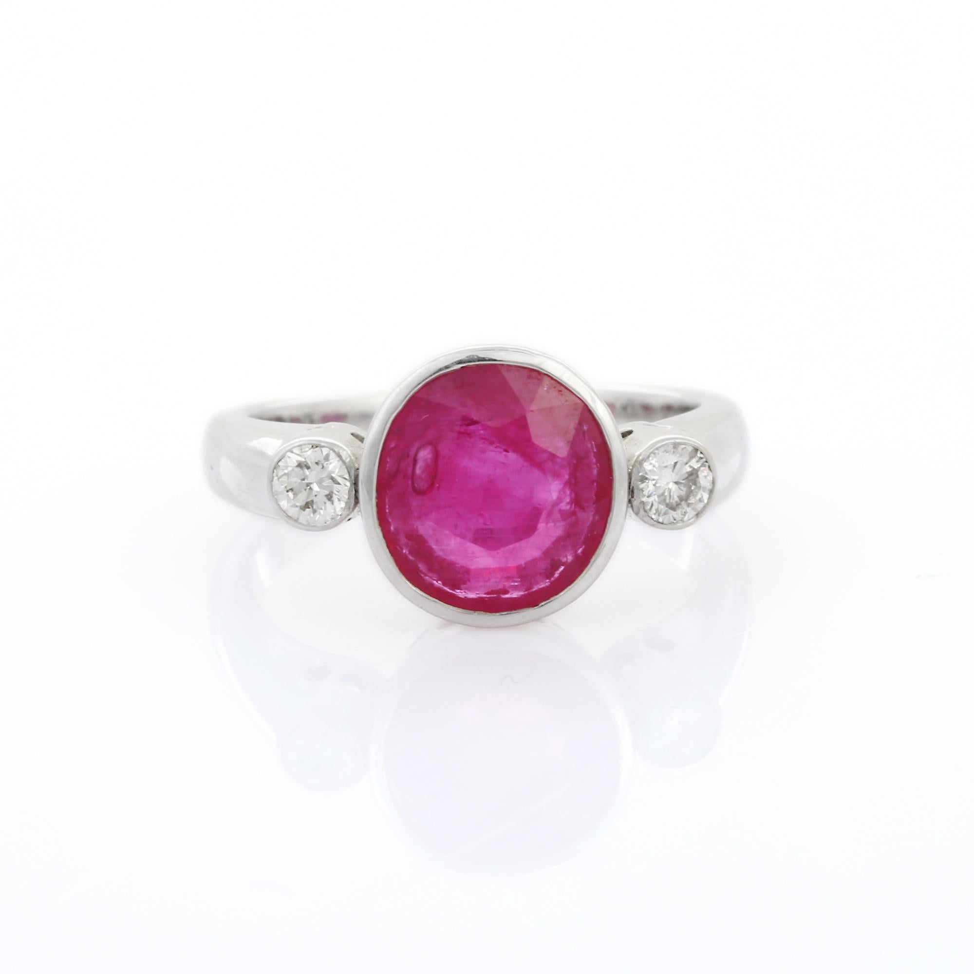 For Sale:  3 Carat Classical Round Cut Ruby and Diamond Three Stone Ring in 18K White Gold  8