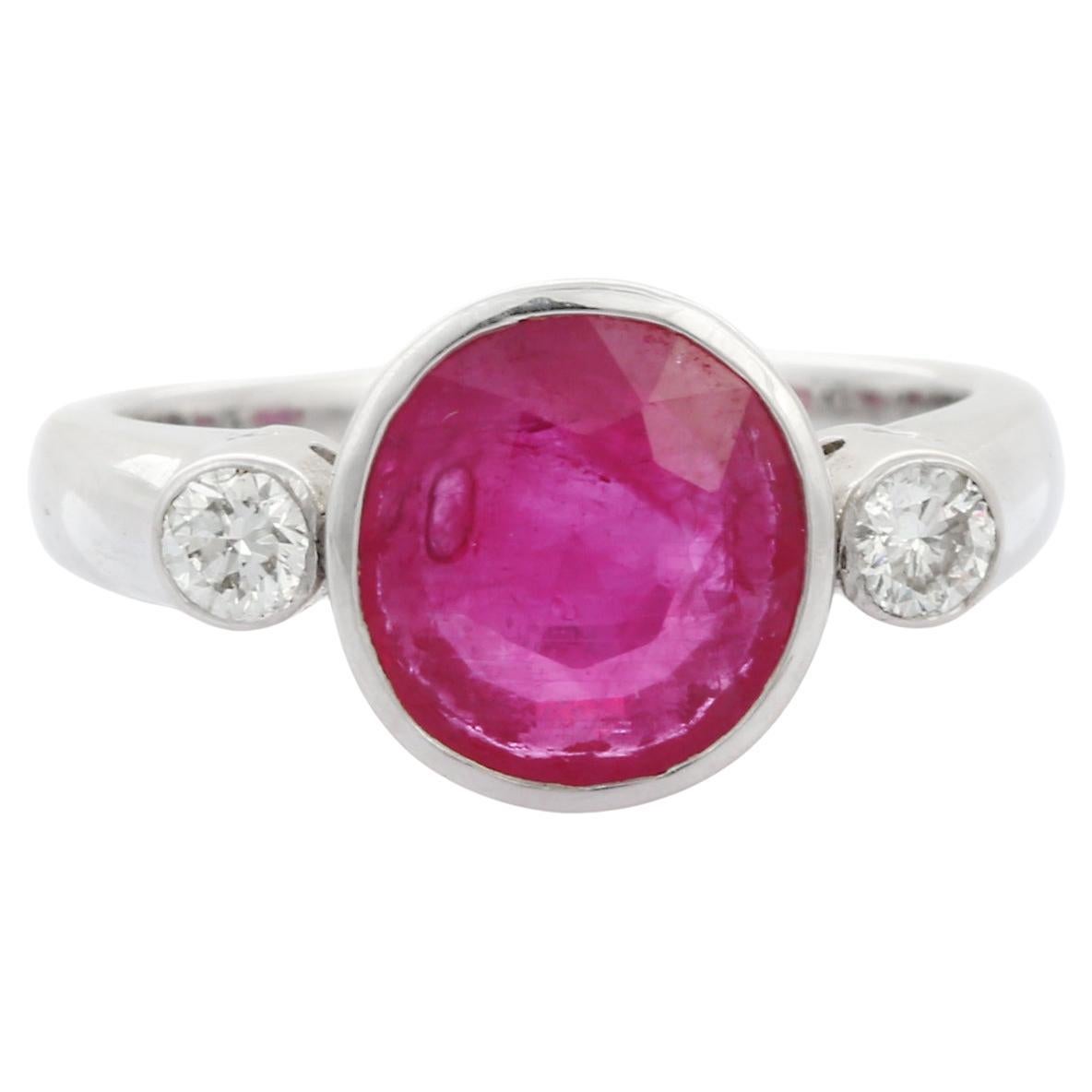 For Sale:  3 Carat Classical Round Cut Ruby and Diamond Three Stone Ring in 18K White Gold