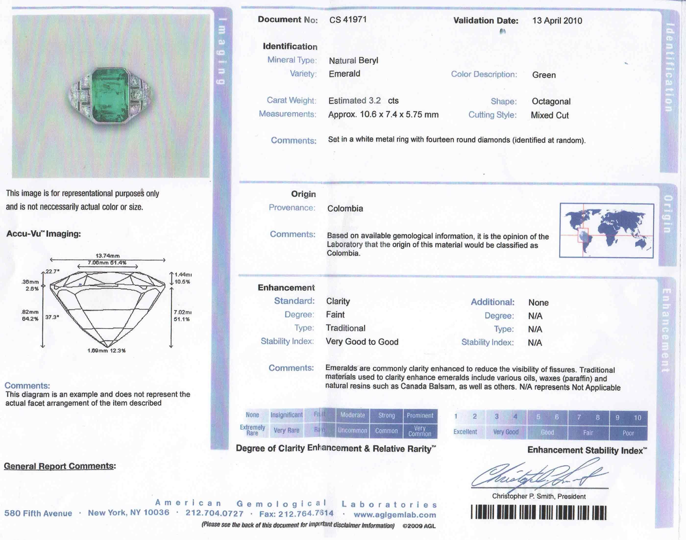 Emerald Cut Certified Colombian Emerald Art Deco Engagement Ring Diamond Platinum 3 Carat