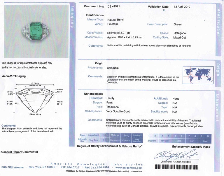 Certified Colombian Emerald Art Deco Engagement Ring Diamond Platinum 3