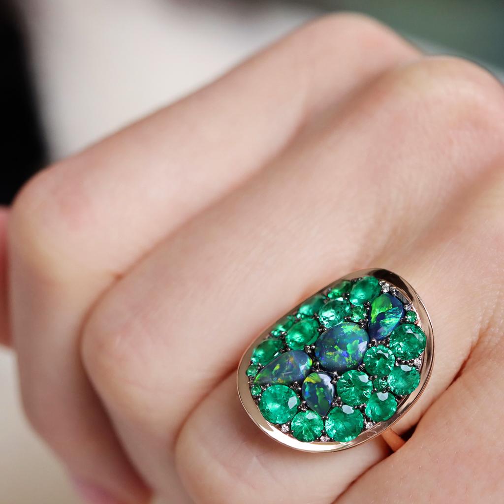 3 Carat Colombian Emerald Black Opal Diamond Pave Ring 8