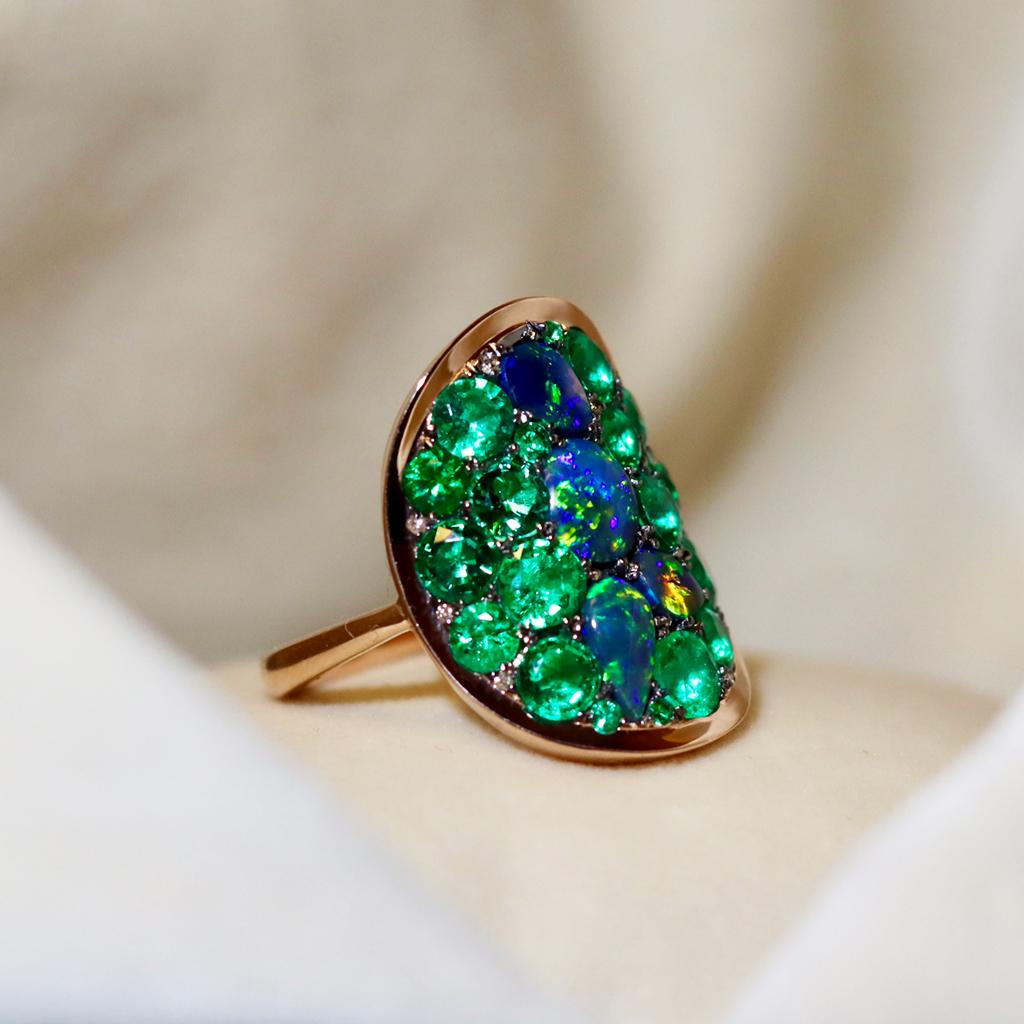 Contemporary 3 Carat Colombian Emerald Black Opal Diamond Pave Ring