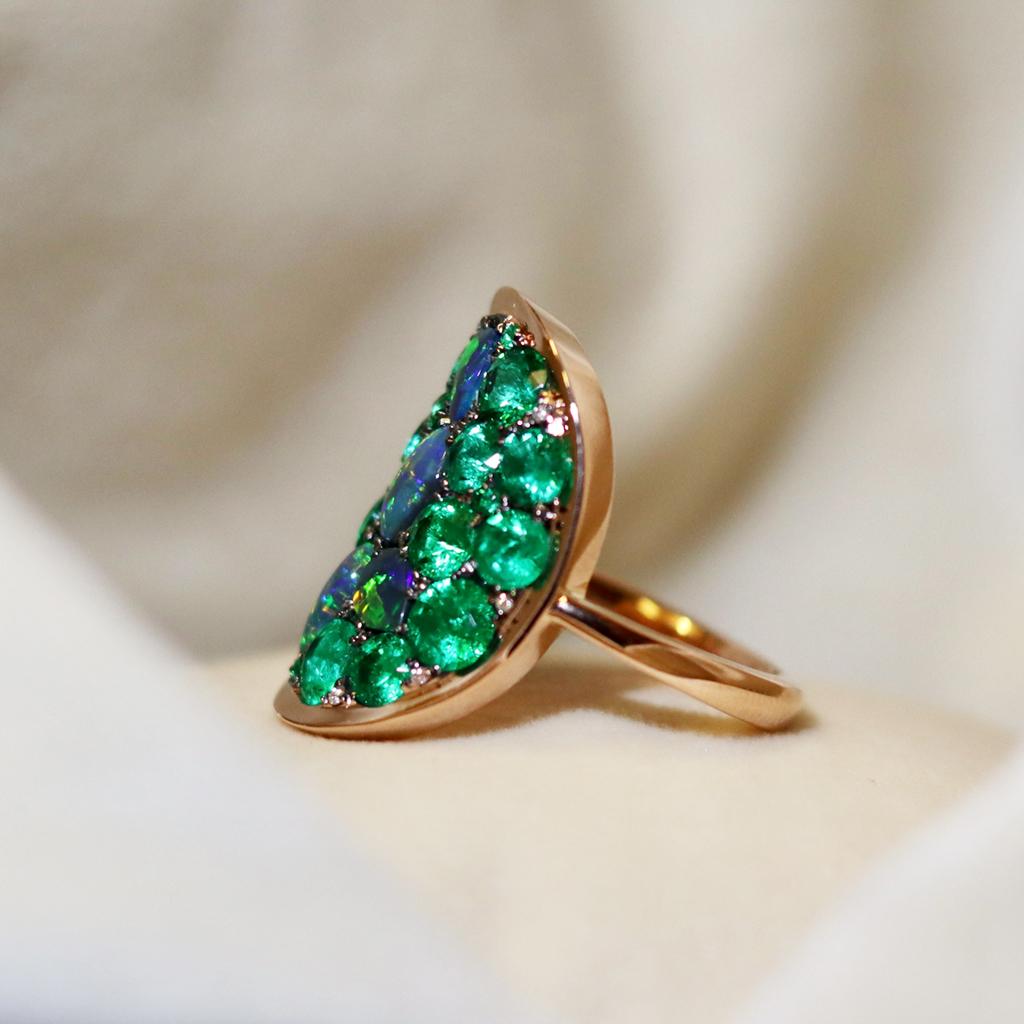 Cabochon 3 Carat Colombian Emerald Black Opal Diamond Pave Ring