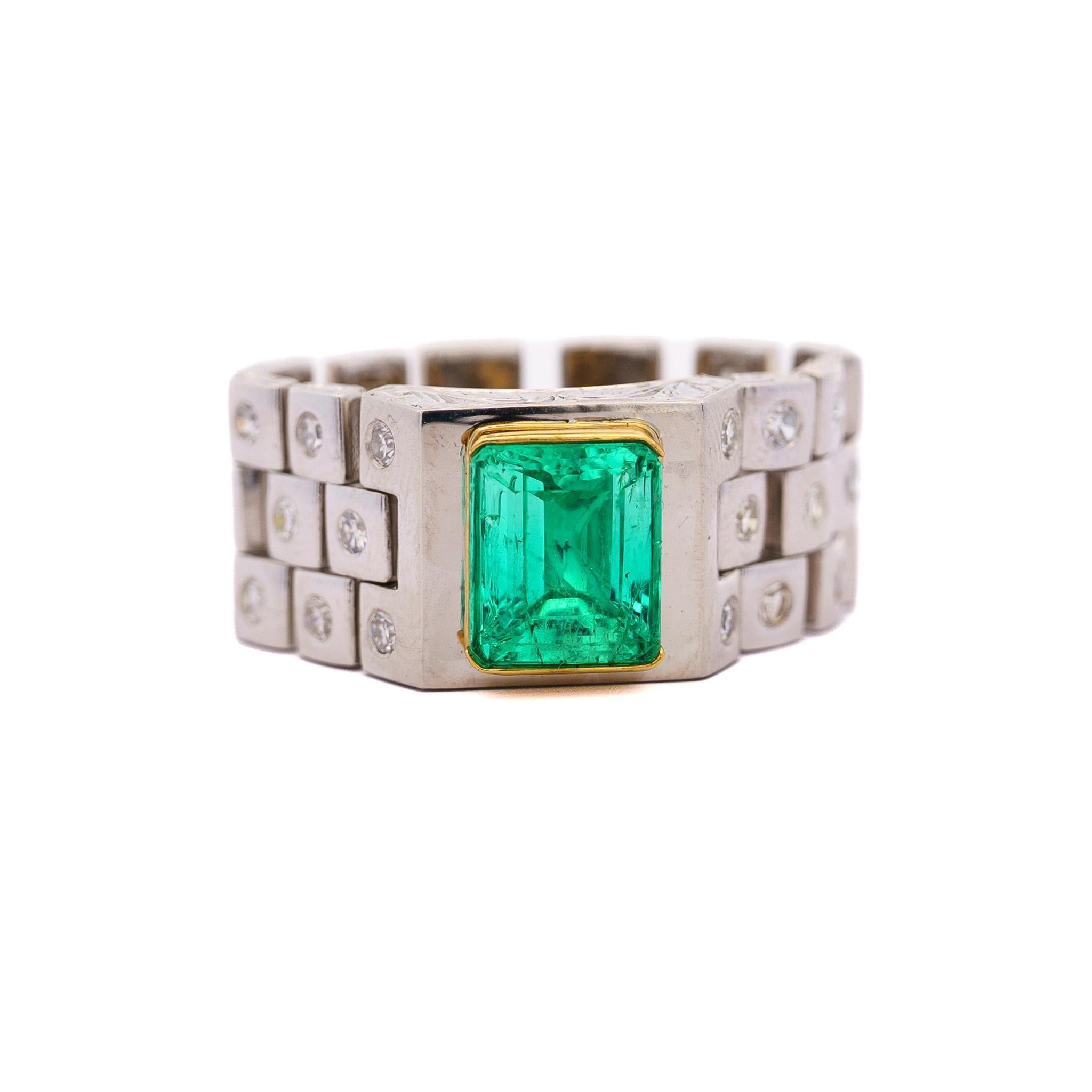 Emerald Cut 3 Carat Colombian Emerald Platinum Mens Link Ring For Sale