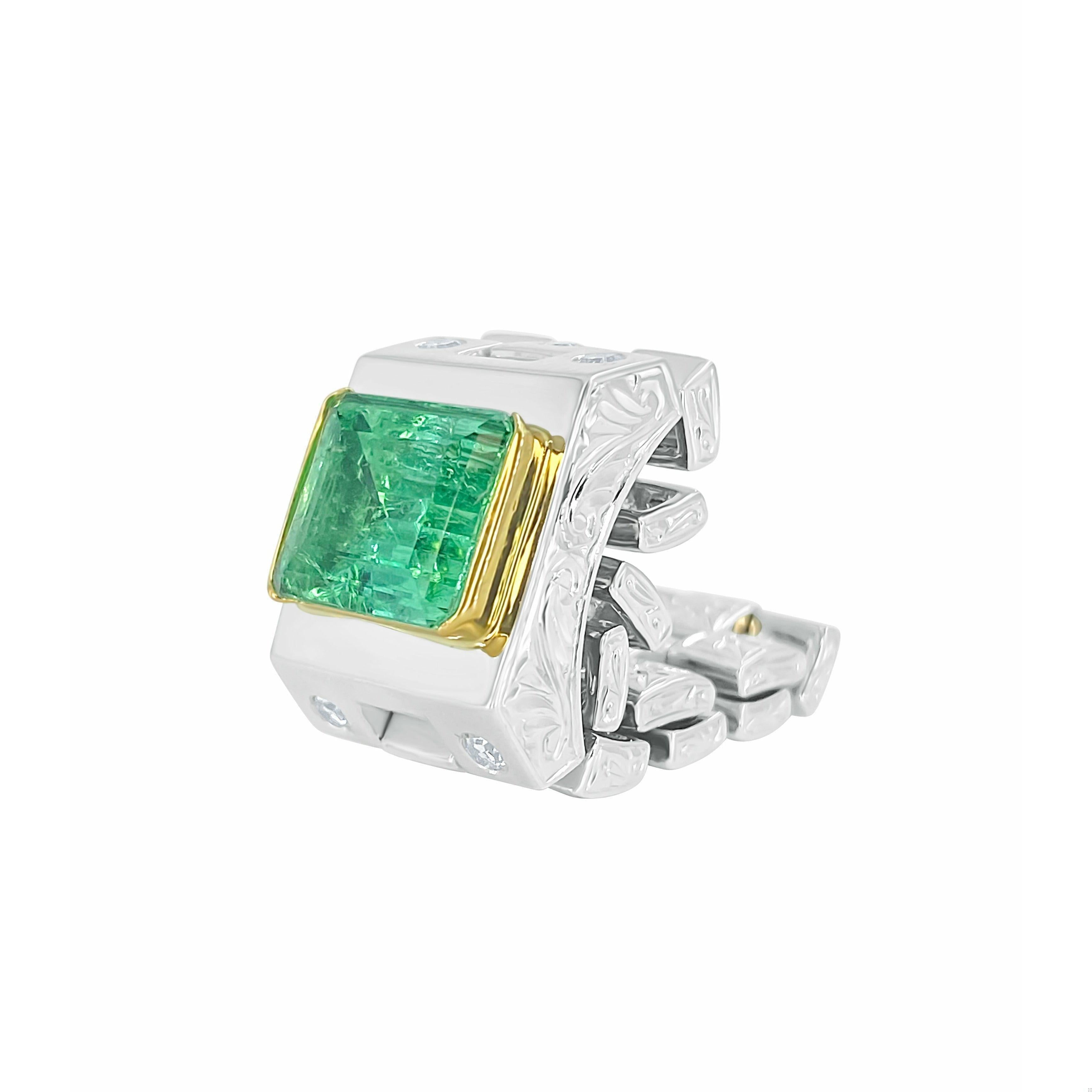 Men's 3 Carat Colombian Emerald Platinum Mens Link Ring For Sale