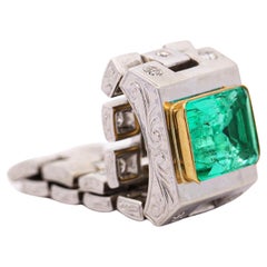 3 Carat Colombian Emerald Platinum Mens Link Ring