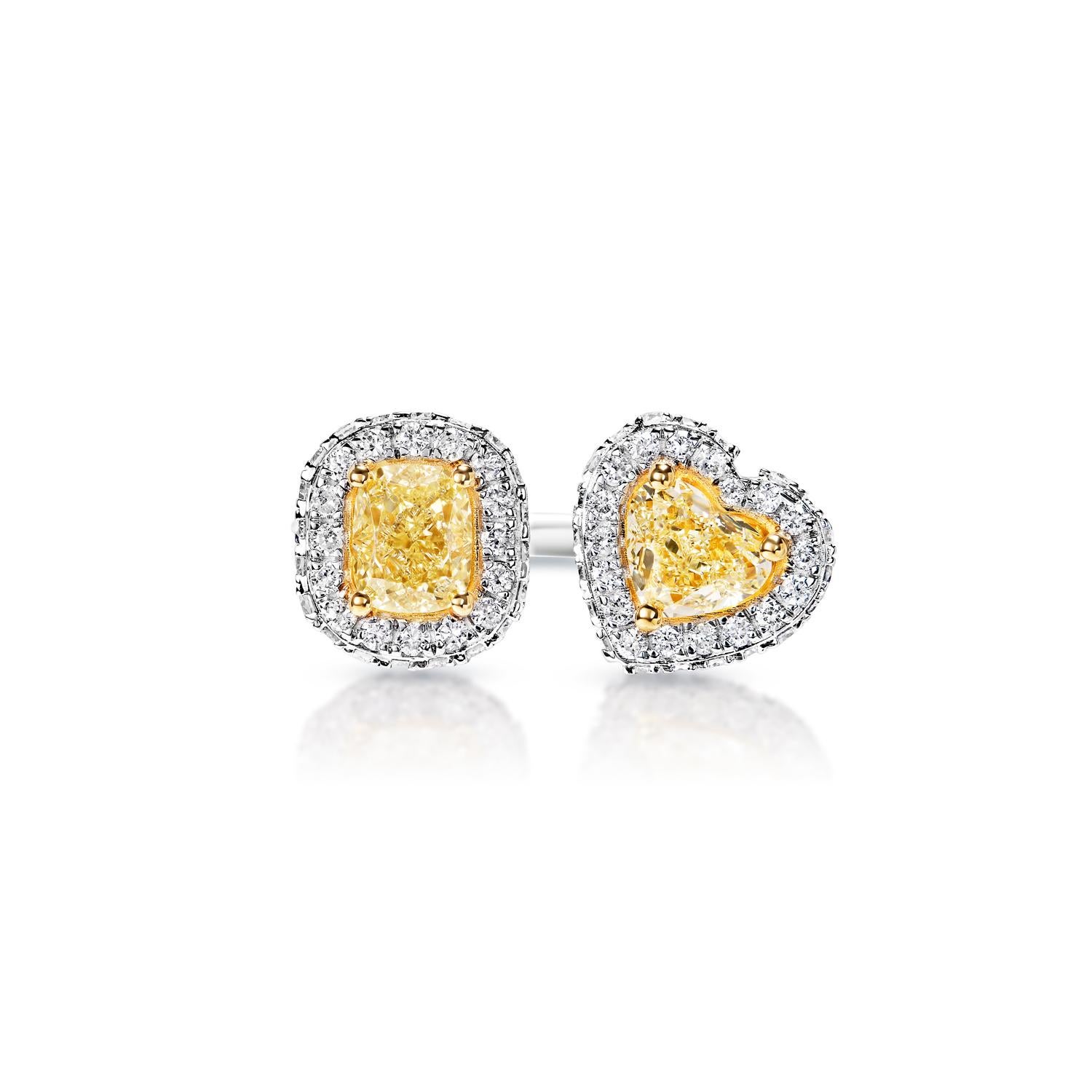 Center Diamond:

Carat Weight: 2.73 Carats
Color : Yellow
Style: Combine Mix Shape


Ring:
Settings: Halo, Sidestone
Metal: 18k White Gold
Size: Can be adjusted to any size.
Style: Toi Et Moi Ring

Total Carat Weight: 2.73 Carats