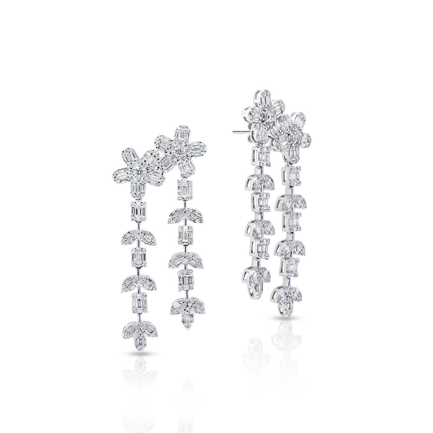 Diamond Hanging Earrings:

Main Diamonds:
Carat Weight: 3.28 Carats
Shape: Combine Mix Shape (CMB)

Metal: 14 Karat White Gold
Style: Hanging Earrings