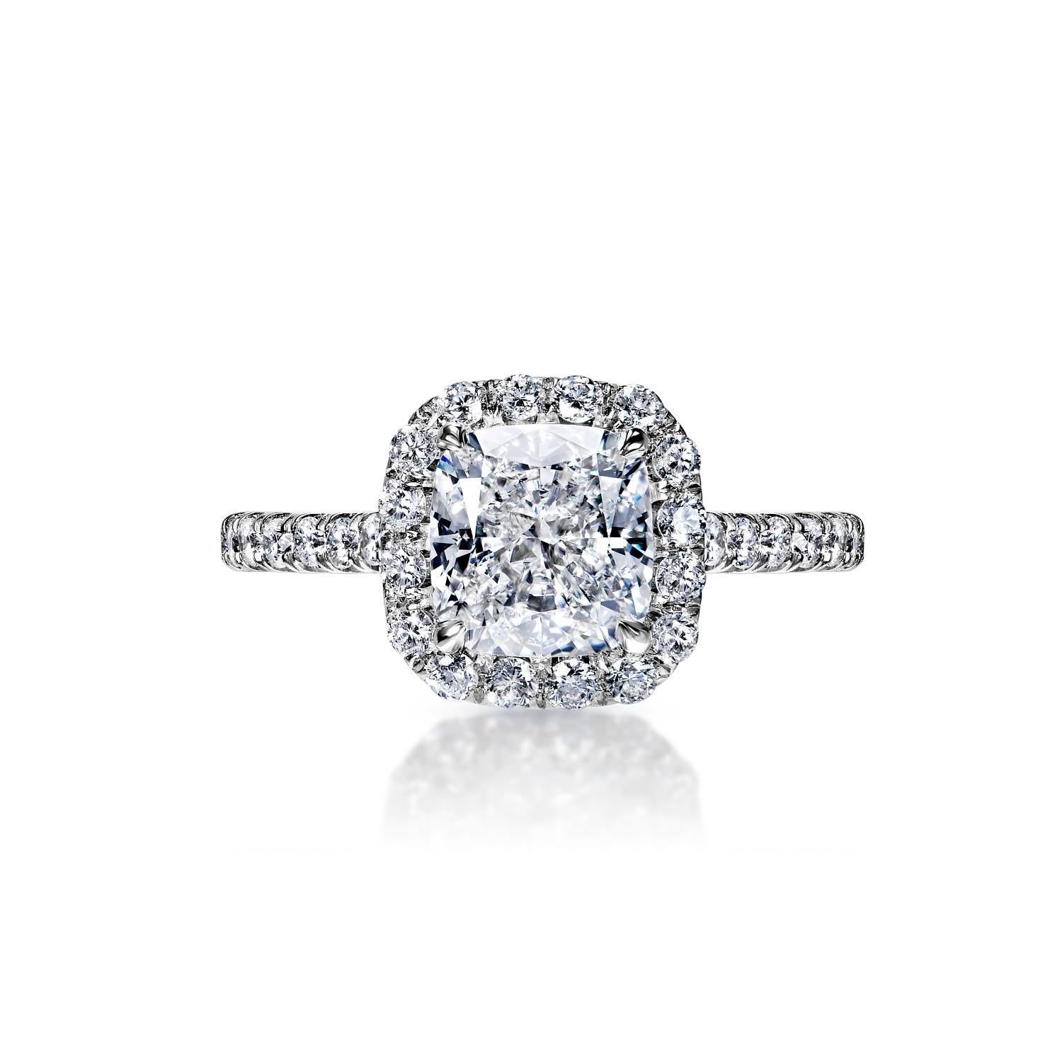 Mallory 3 Carat E VS2 Cushion Cut Diamond Engagement Ring in Platinum By Mike Nekta

GIA CERTIFIED
Center Diamond:

Carat Weight: 2.01 Carats 
Color : E
Clarity: VS2
Style: Cushion Cut

Ring:
Metal: Platinum
Setting: Halo, Sidestone, French V
