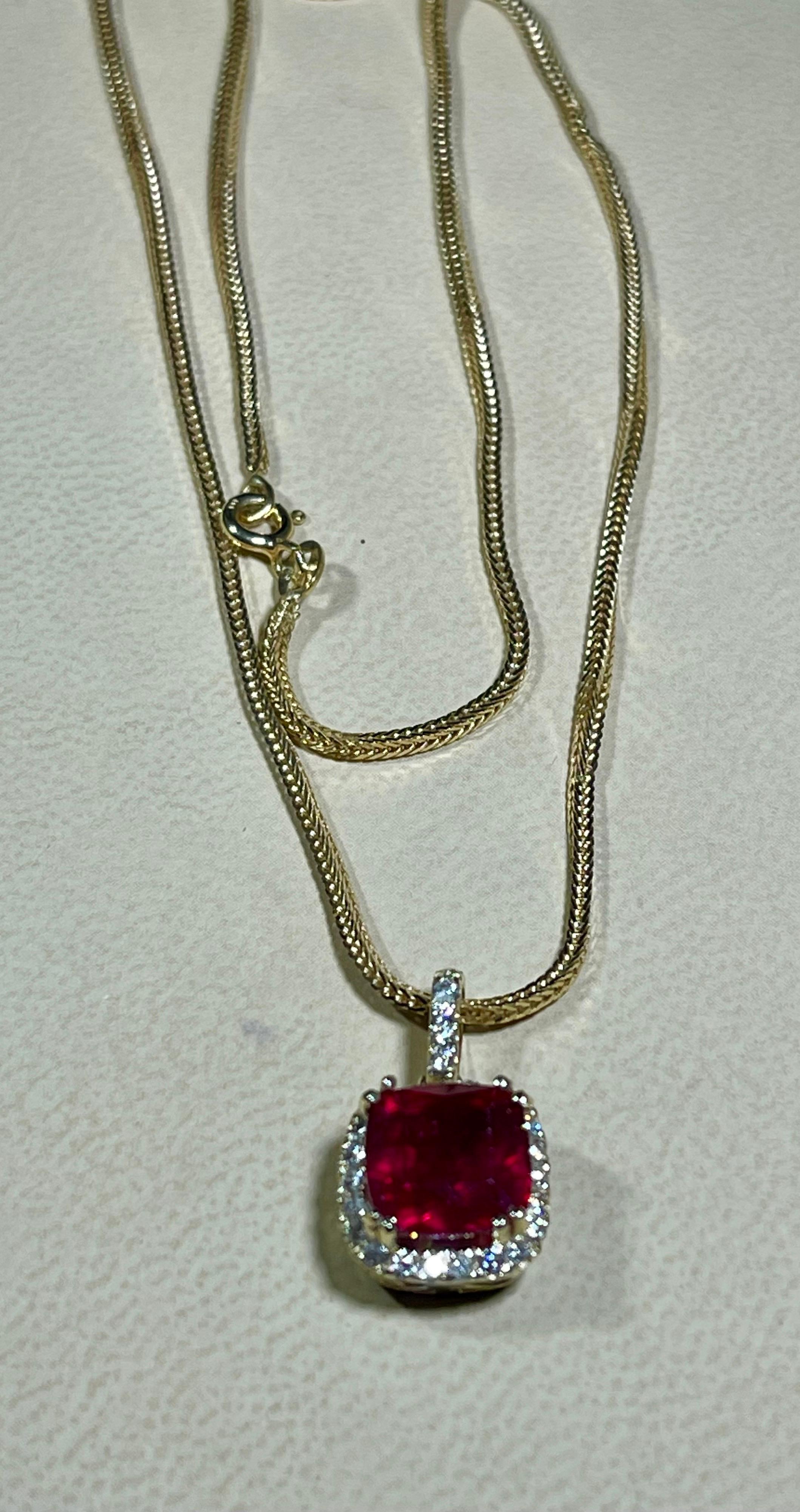 Approximately 3 to 3.5 Carat Cushion Cut Ruby Pendant or Necklace 14 Karat Yellow Gold with Chain 18