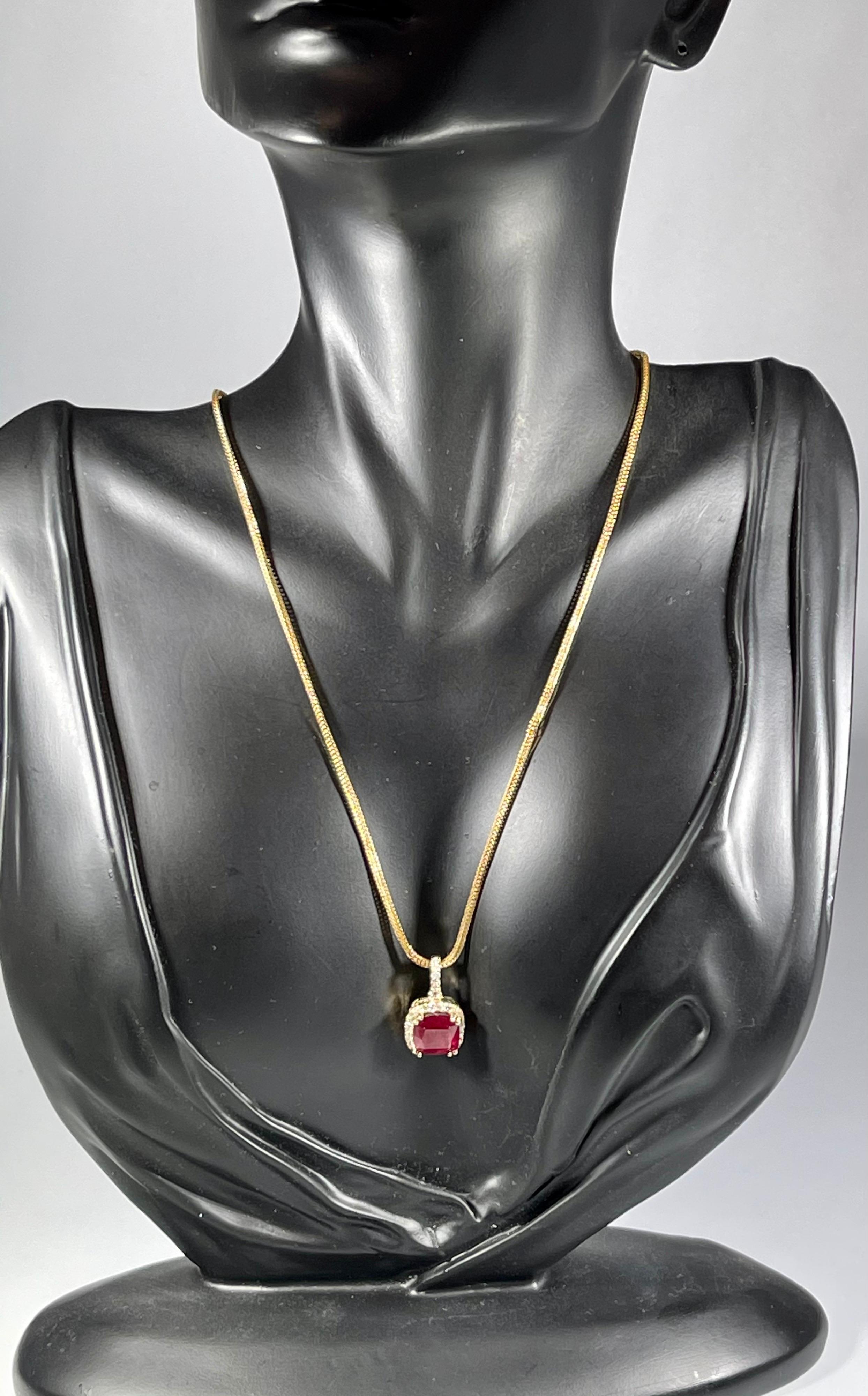3 Carat Cushion Cut Ruby Pendant with Diamonds 14 Karat Yellow Gold Chain In Excellent Condition In New York, NY