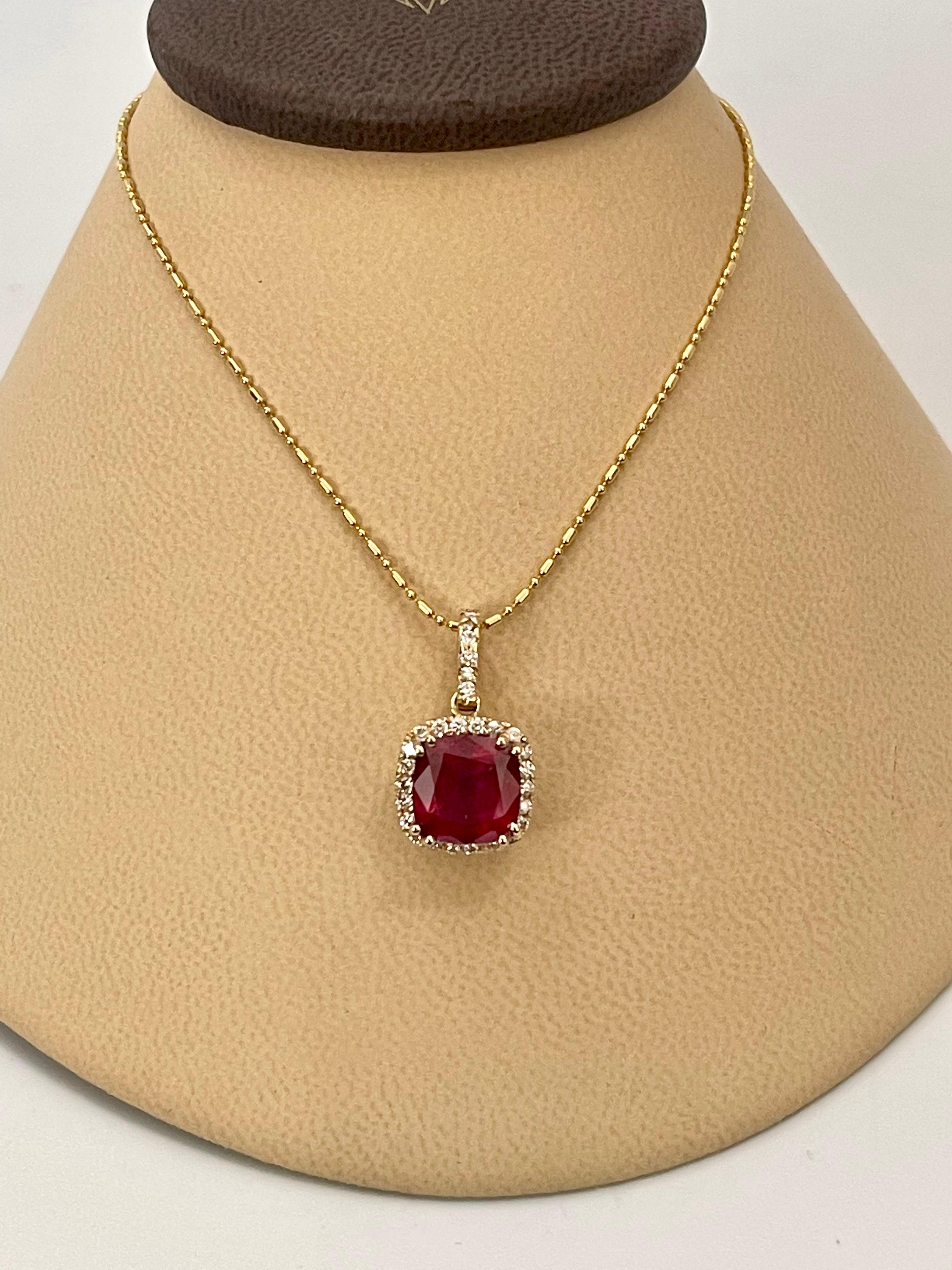 Approximately 3 to 3.5 Carat Cushion Cut Ruby Pendant or Necklace 14 Karat Yellow Gold with Chain 18