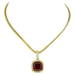 3 Carat Cushion Cut Ruby Pendant with Diamonds 14 Karat Yellow Gold Chain