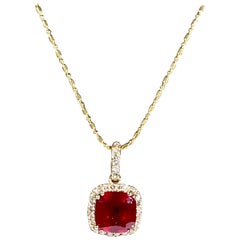 3 Carat Cushion Cut Ruby Pendant with Diamonds 14 Karat Yellow Gold Chain