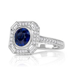 3 Carat Cushion Diamond Ring Royal Blue Sapphire 14K White Gold Quiet Power