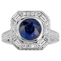 3 Carat Cushion Diamond Ring Royal Blue Sapphire 14K White Gold Quiet Power