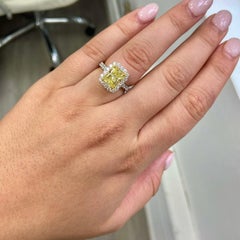 3 Carat Cushion Halo Diamond Ring Fancy Yellow 14K White Gold