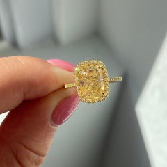 3 Carat Cushion Halo Diamond Ring Fancy Yellow 14K White Gold