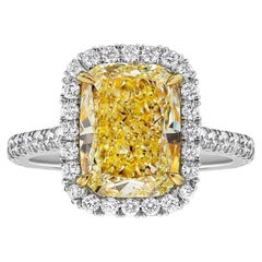 3 Carat Cushion Halo Diamond Ring Fancy Yellow 14K White Gold