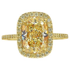 3 Carat Cushion Halo Diamond Ring Fancy Yellow 14K White Gold