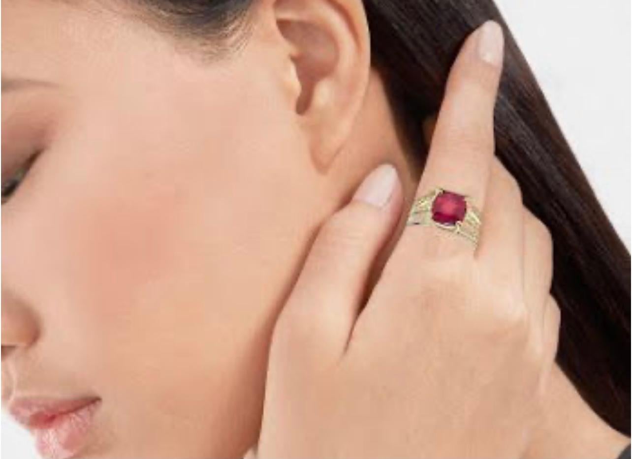3 Carat Cushion Treated Ruby and 1 Carat Diamond 14 Karat White Gold Ring For Sale 3
