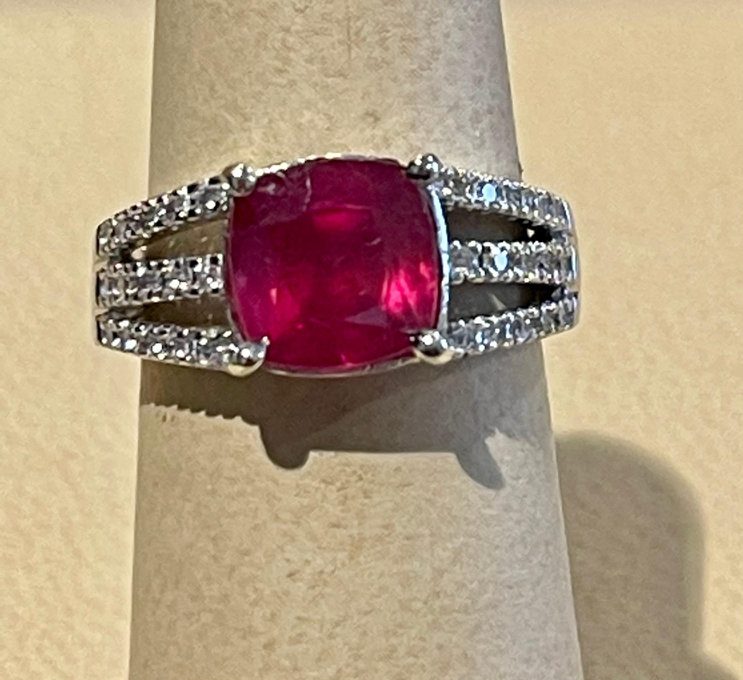 3 Carat Cushion Treated Ruby and 1 Carat Diamond 14 Karat White Gold Ring For Sale 6