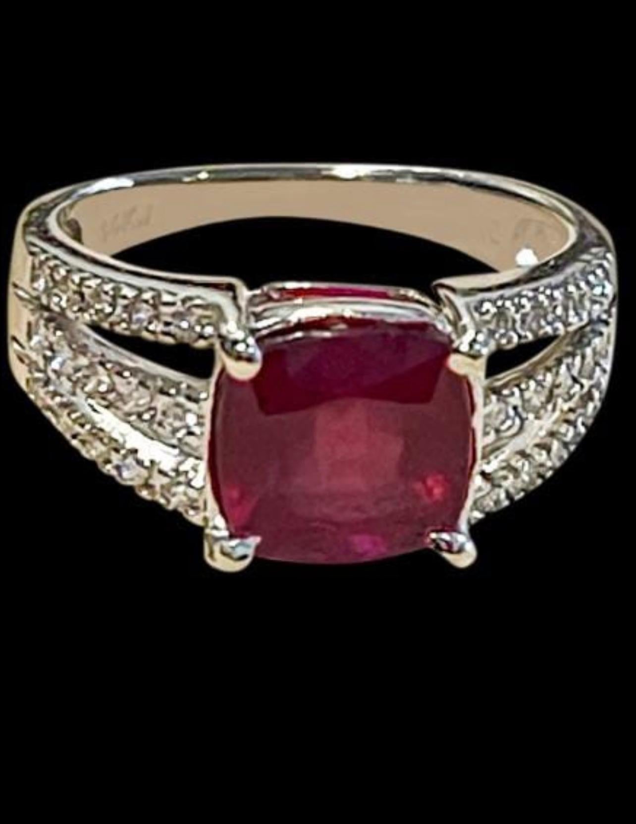 8 X 8  Cushion Cut   Approximately 3  Carat Treated Ruby  14  Karat White  Gold Ring Size 5.75
Diamond  approximately 1 ct 
Its a treated ruby prong set
14 Karat White  Gold: 4.3 gram
Ring Size 5.75  ( can be altered for no charge )
Extremally