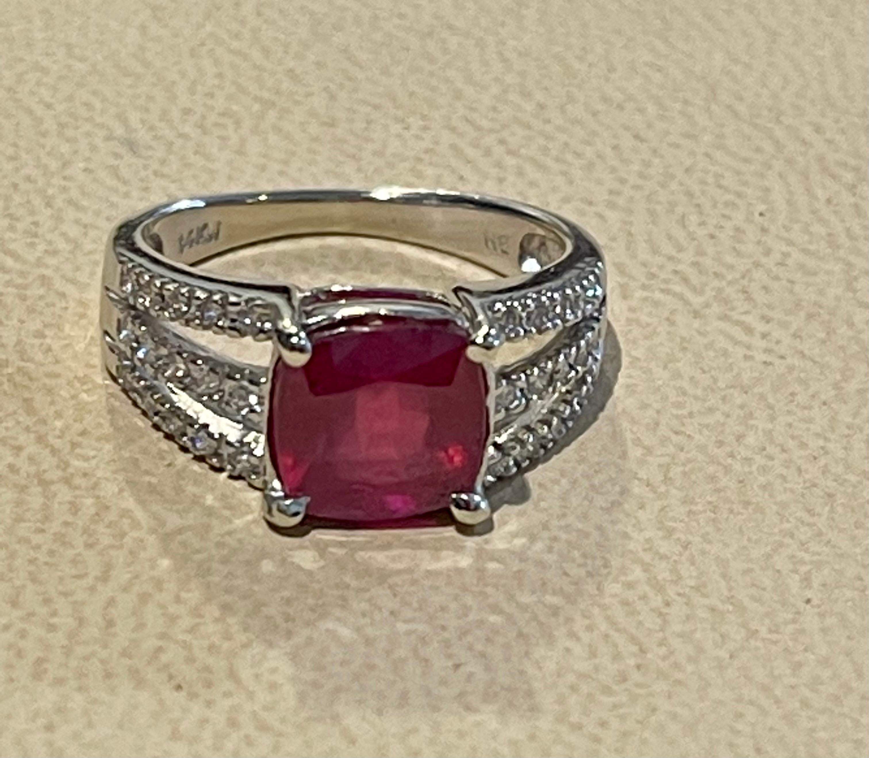 Cushion Cut 3 Carat Cushion Treated Ruby and 1 Carat Diamond 14 Karat White Gold Ring For Sale