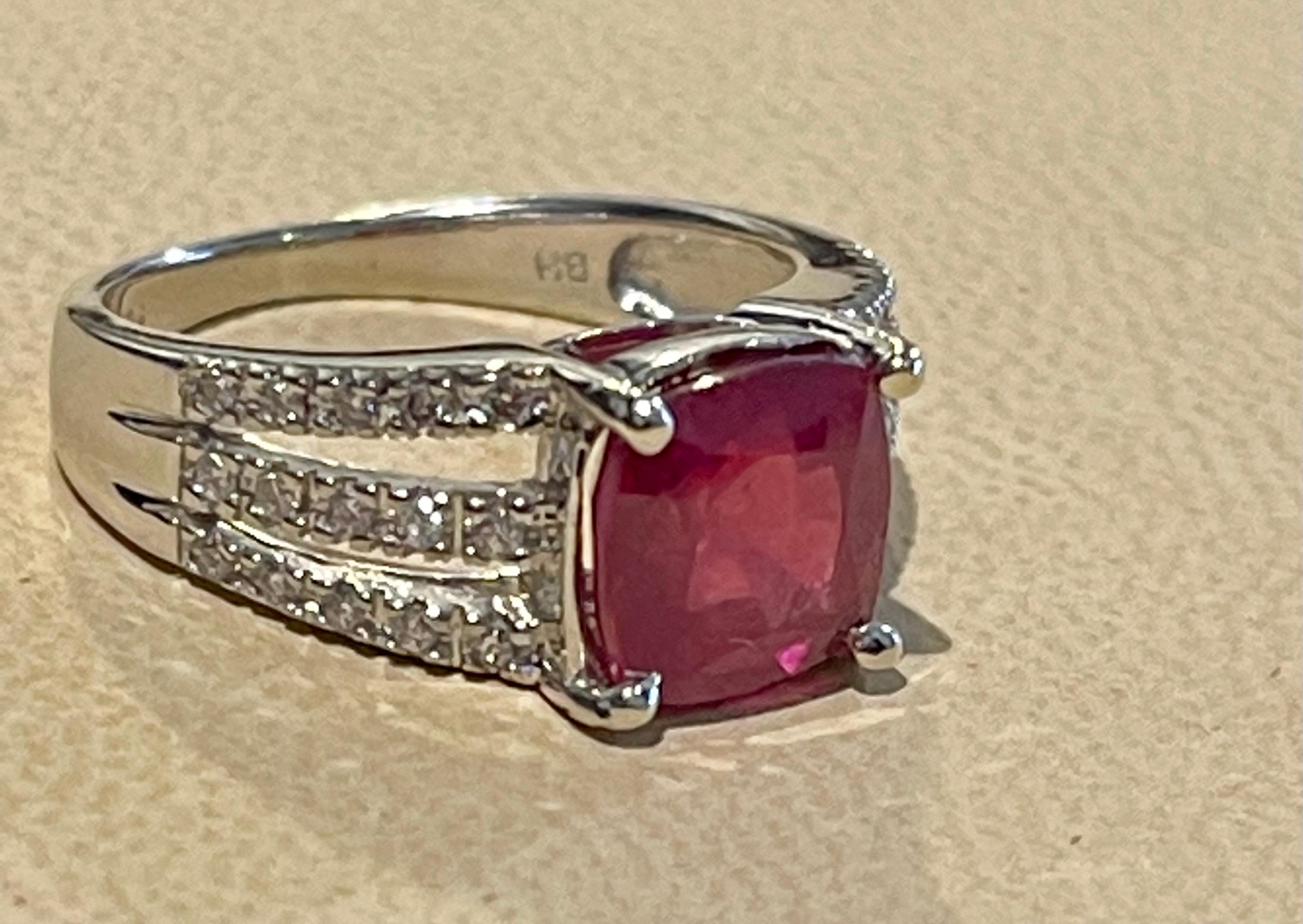3 Carat Cushion Treated Ruby and 1 Carat Diamond 14 Karat White Gold Ring In Excellent Condition For Sale In New York, NY