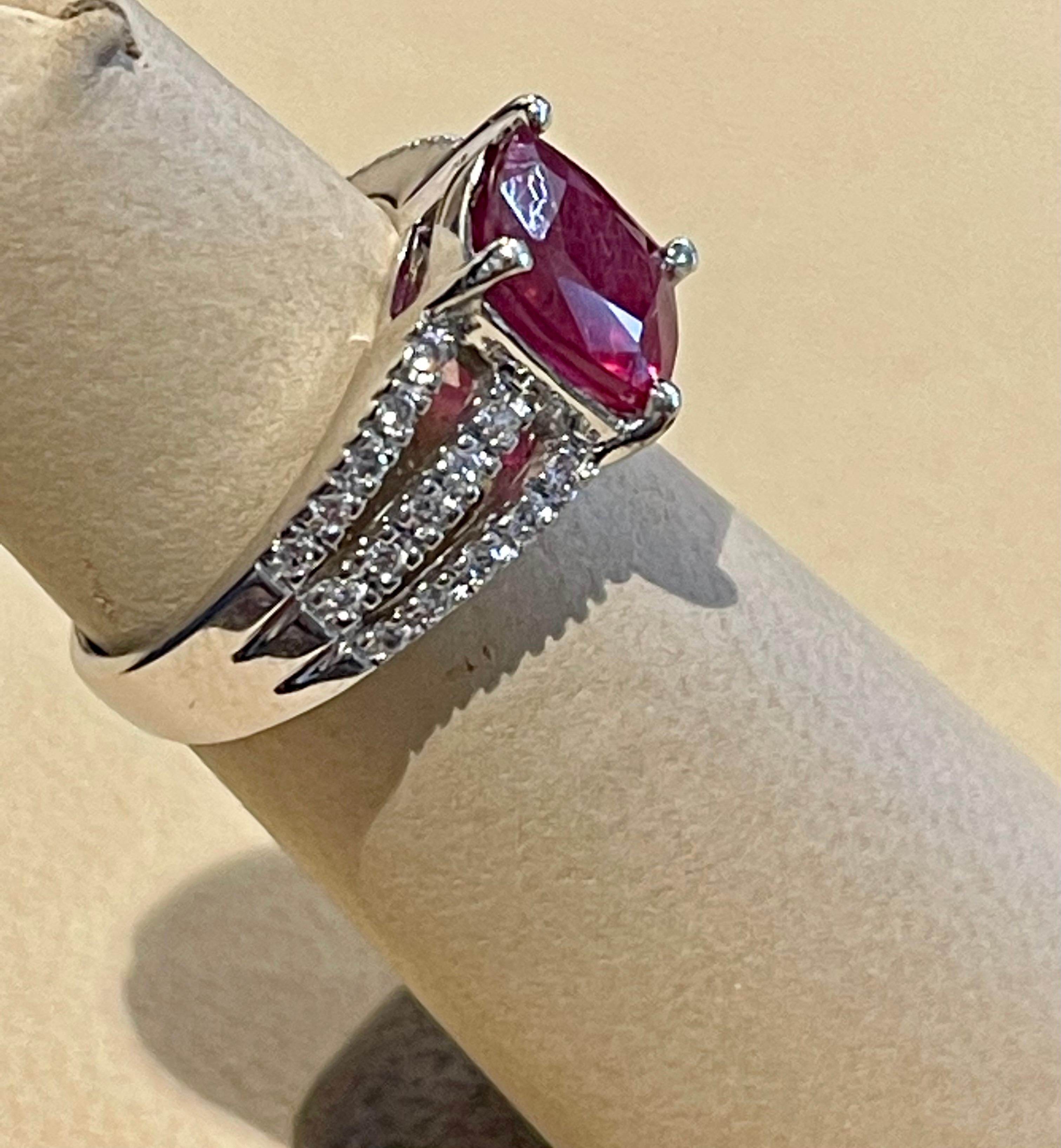 3 Carat Cushion Treated Ruby and 1 Carat Diamond 14 Karat White Gold Ring For Sale 1