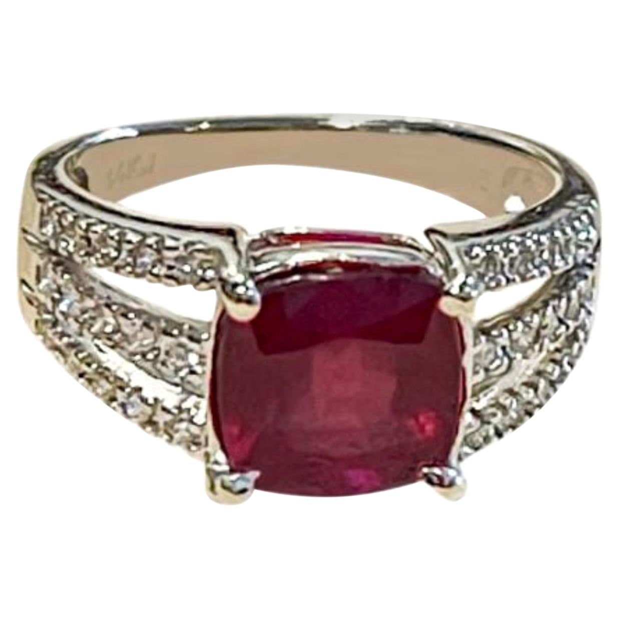 3 Carat Cushion Treated Ruby and 1 Carat Diamond 14 Karat White Gold Ring For Sale