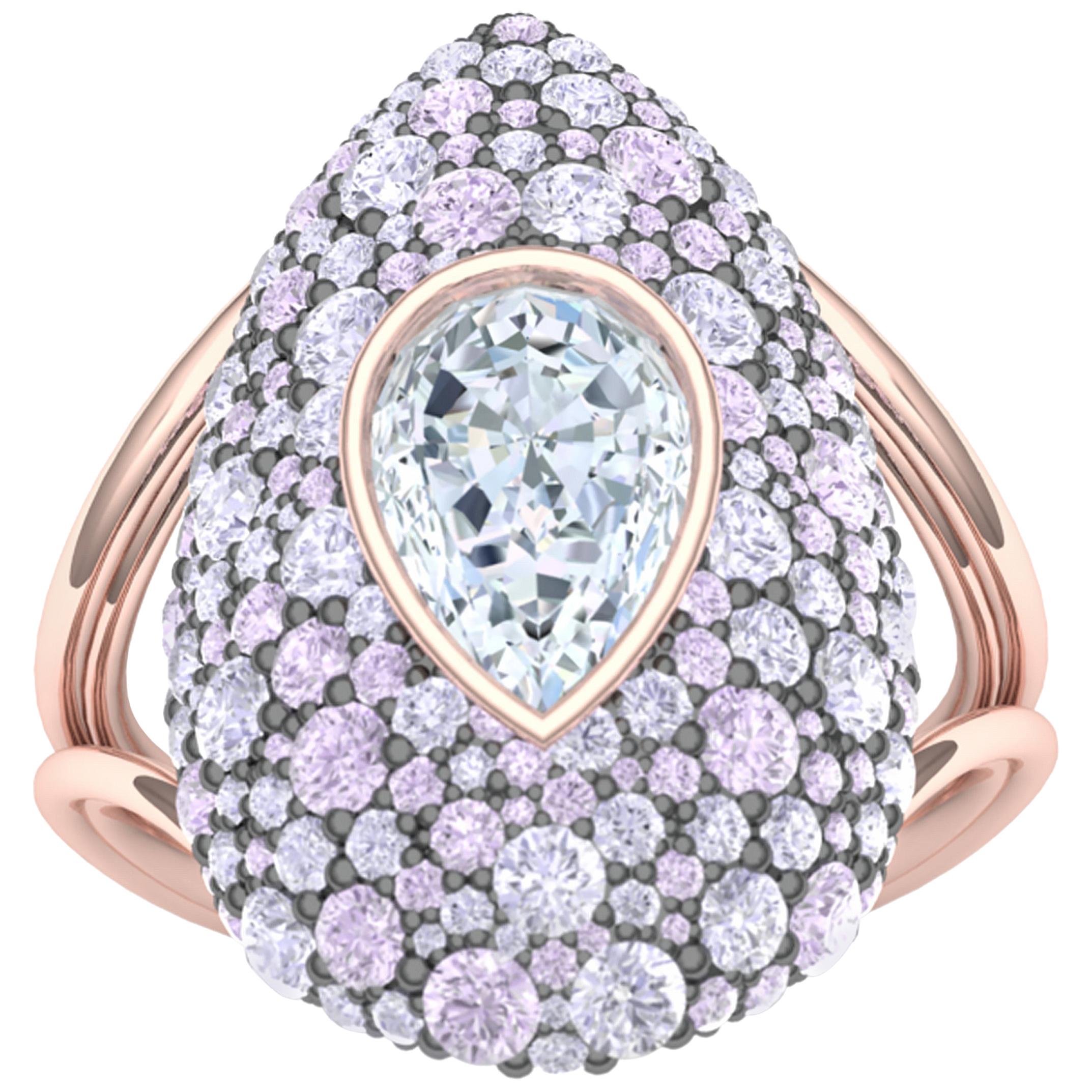 3 Carat Diamond and Purple Pink Sapphires Rose Gold Ring For Sale