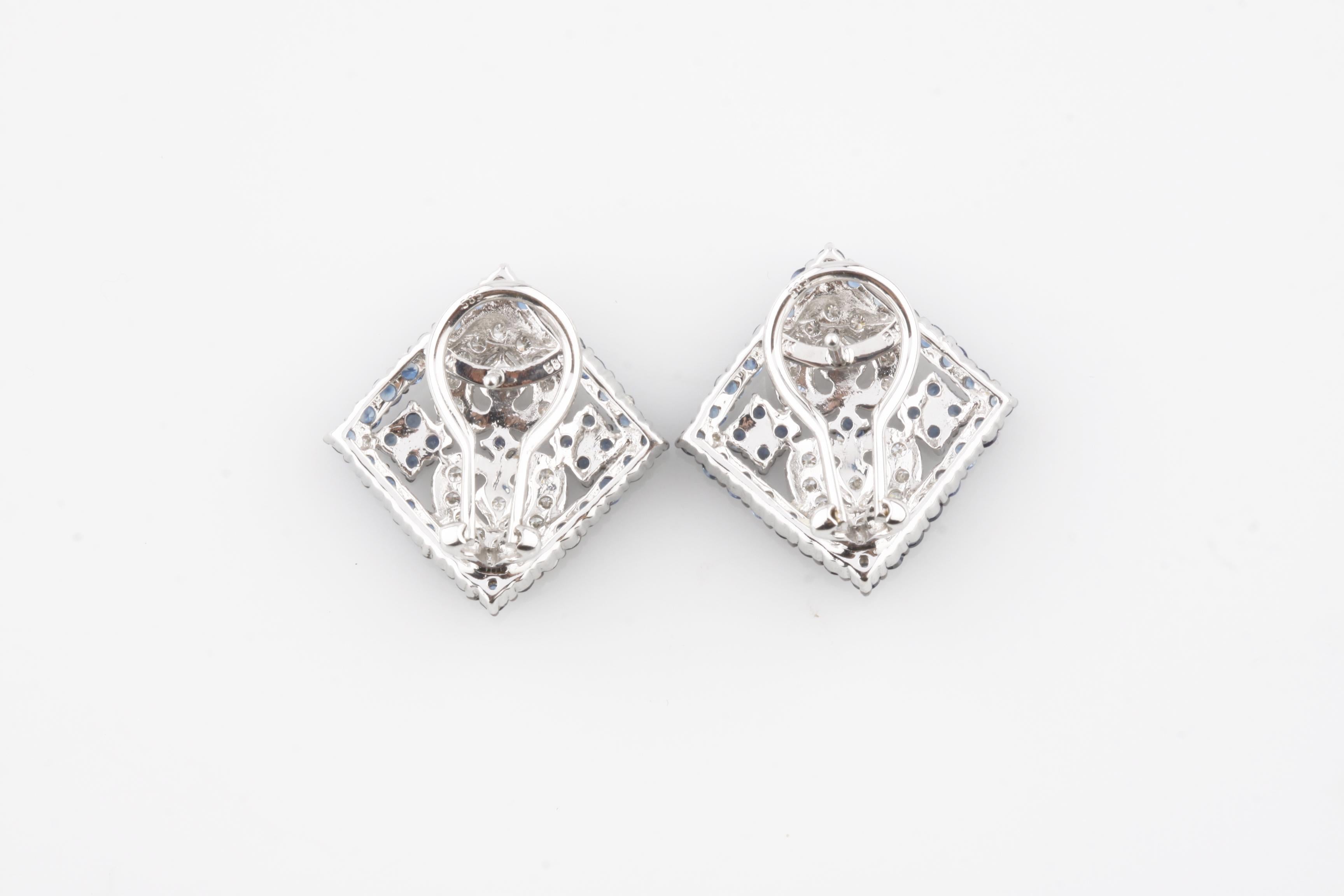 Modern 3 Carat Diamond and Sapphire Plaque Earrings in White Gold with Antiquing For Sale