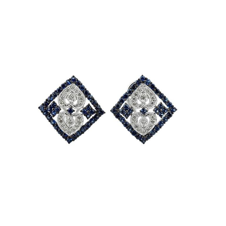 Round Cut 3 Carat Diamond and Sapphire Plaque Earrings in White Gold with Antiquing For Sale
