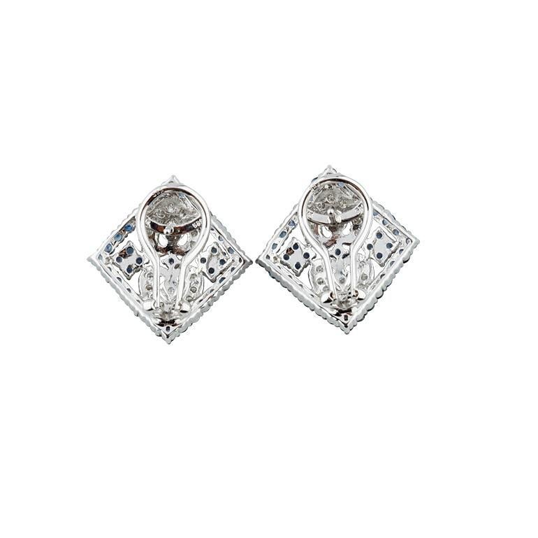 Women's 3 Carat Diamond and Sapphire Plaque Earrings in White Gold with Antiquing For Sale