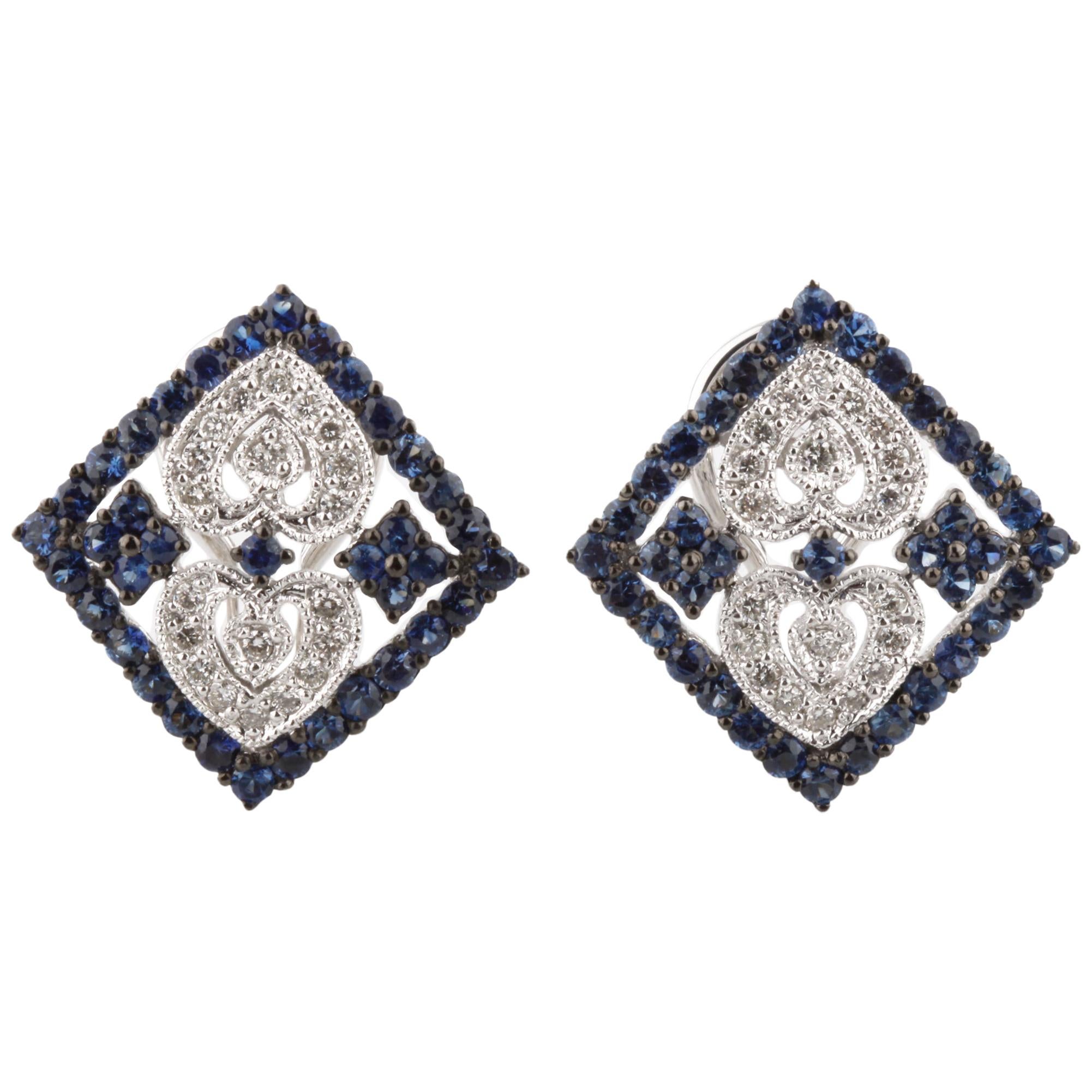 3 Carat Diamond and Sapphire Plaque Earrings in White Gold with Antiquing