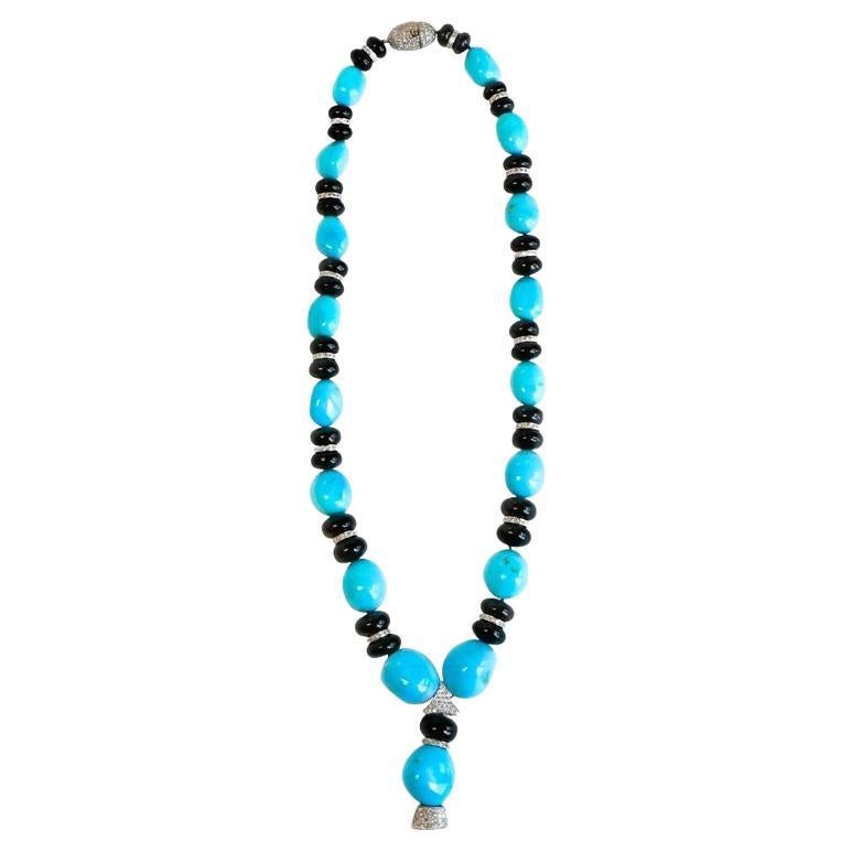 Carved Turquoise Necklace with Onyx and Turquoise Beads and Diamonds in