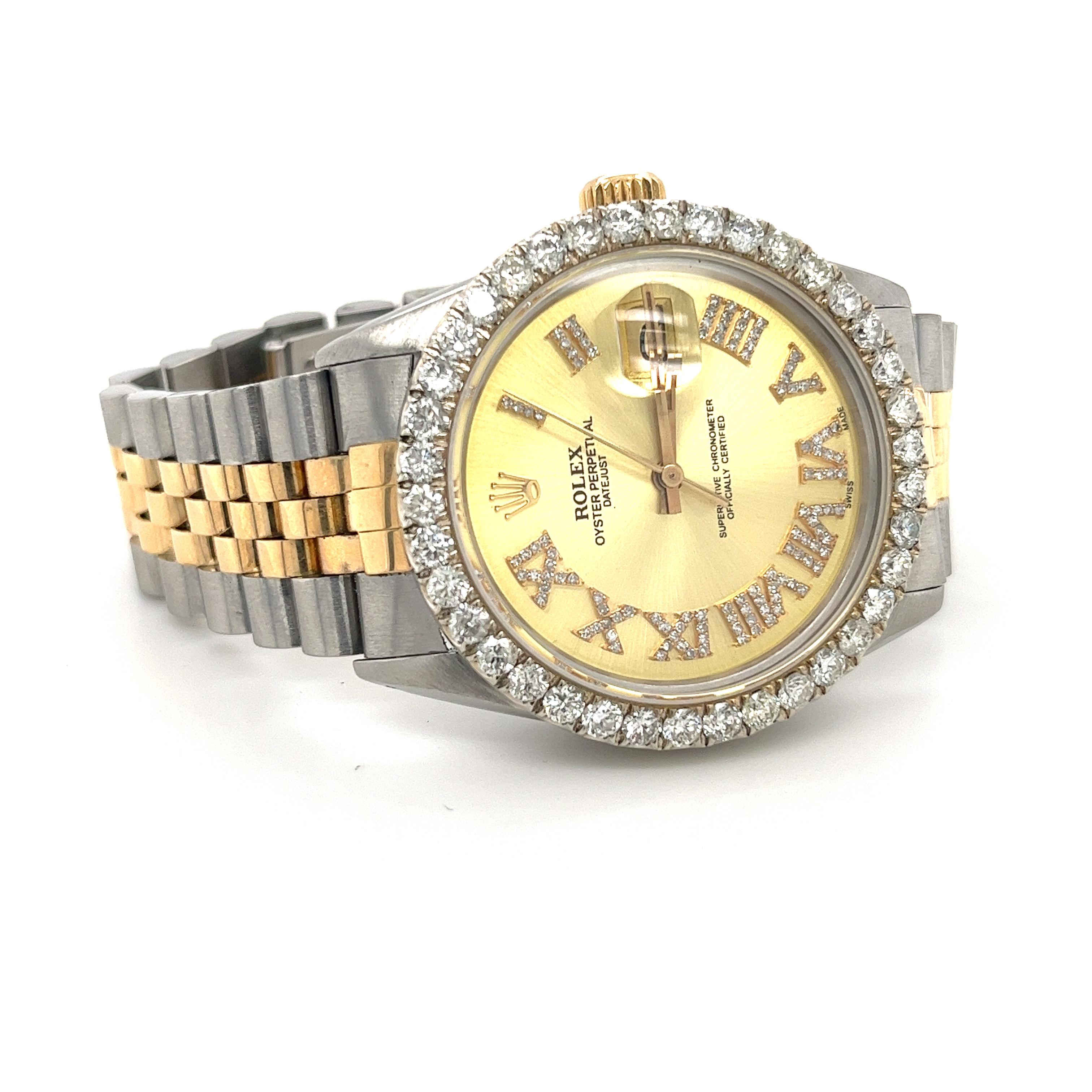 Rolex Datejust 16013 set with over 3 carats in natural round cut diamonds. Diamonds are set all around the bezel and on the Roman Numeral hour markers. Complemented with a two-tone jubilee strap and adjustable deployment clasp.

An extravagant, yet