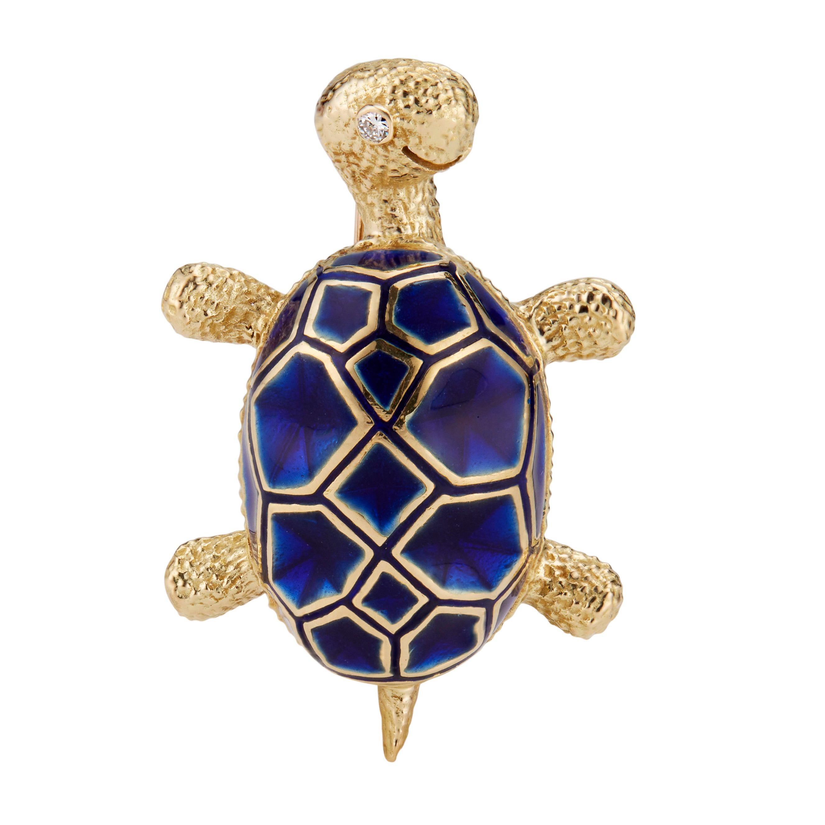 .3 Carat Diamond Blue Enamel Yellow Gold Turtle Brooch