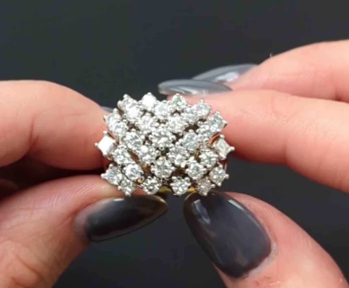 Contemporary 3 Carat Diamond Cluster Cocktail Ring 3 Set in 18k Yellow and White Gold For Sale